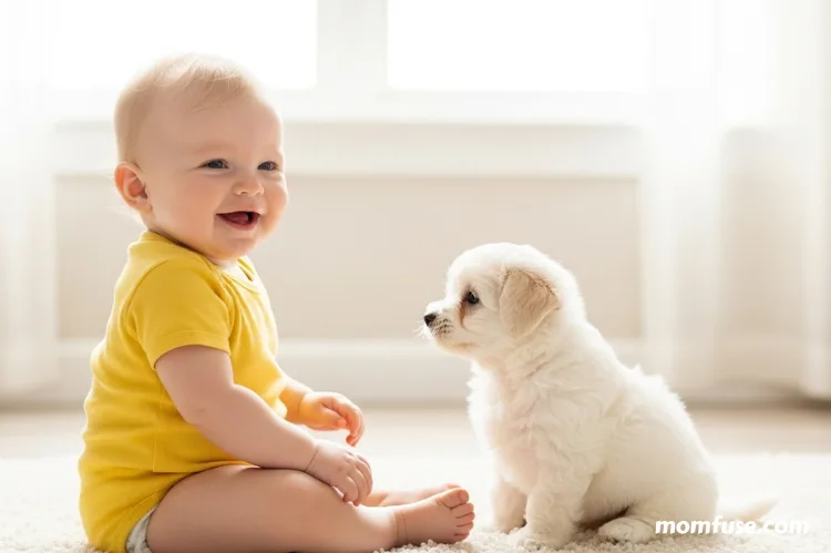 A smiling baby sitting upright while a puppy sits nearby.