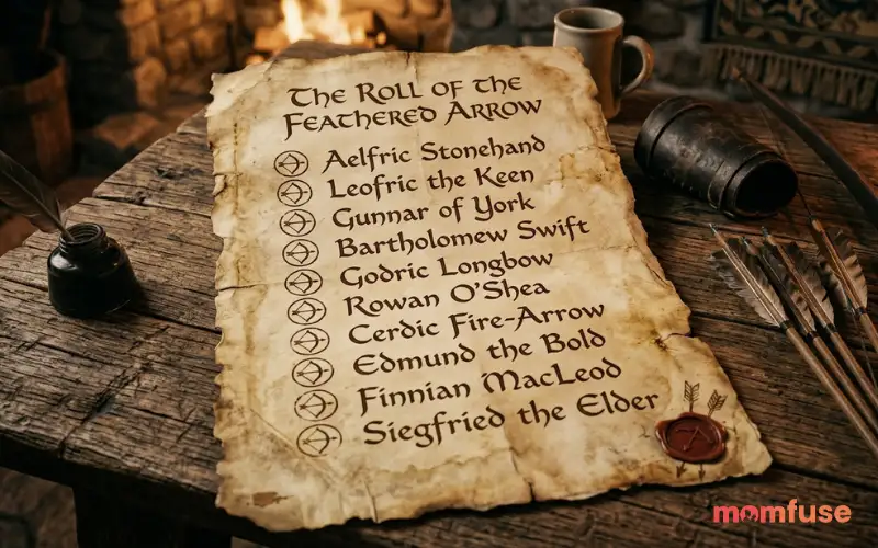 “ancient parchment with names, bow arrows symbols, rustic wood table, warm tones, vintage aesthetic”