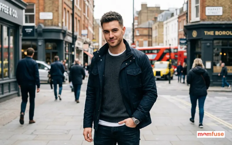 stylish confident boy with subtle mischievous smile, wearing modern outfit, urban street background.