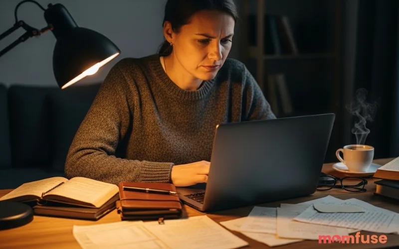 Writer researching family history on laptop with old documents and notebooks on desk, focused expression, warm lighting