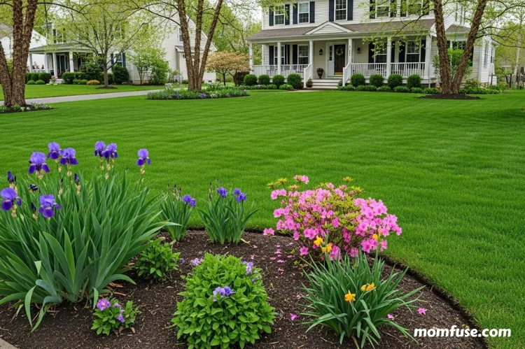 A vibrant suburban front yard with a lush green lawn.