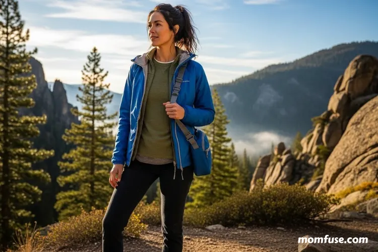 A female wearing layered travel clothing: base layer, lightweight sweater, and packable jacket, standing outdoors.