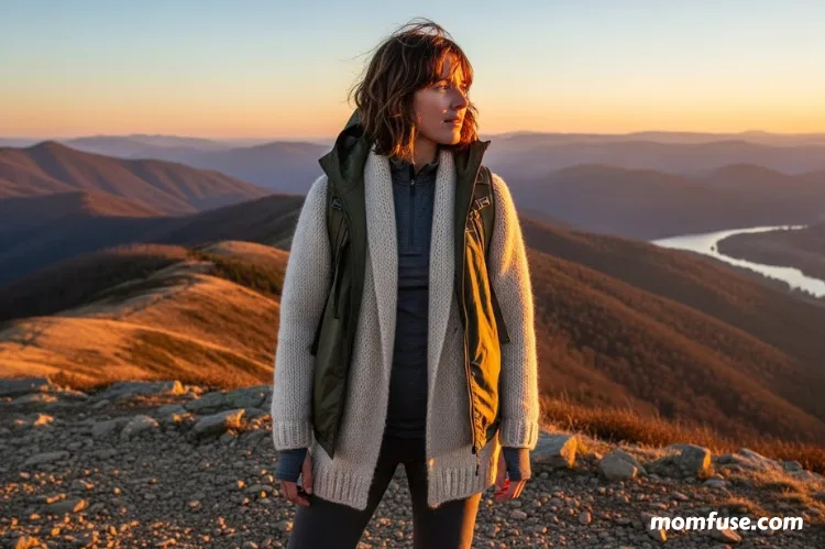 Traveler wearing a layered outfit: base layer, mid-layer sweater and outer-layer packable jacket.