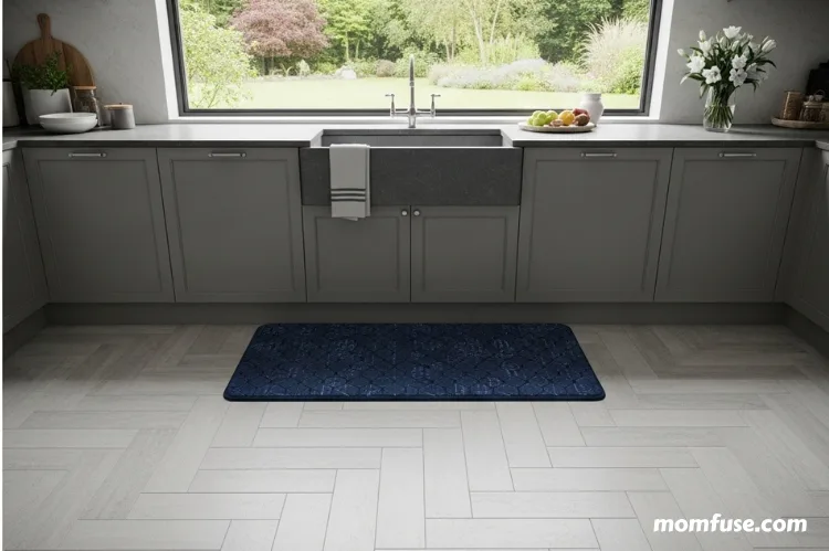 Kitchen floor with a cushioned anti-fatigue mat in front of the sink.
