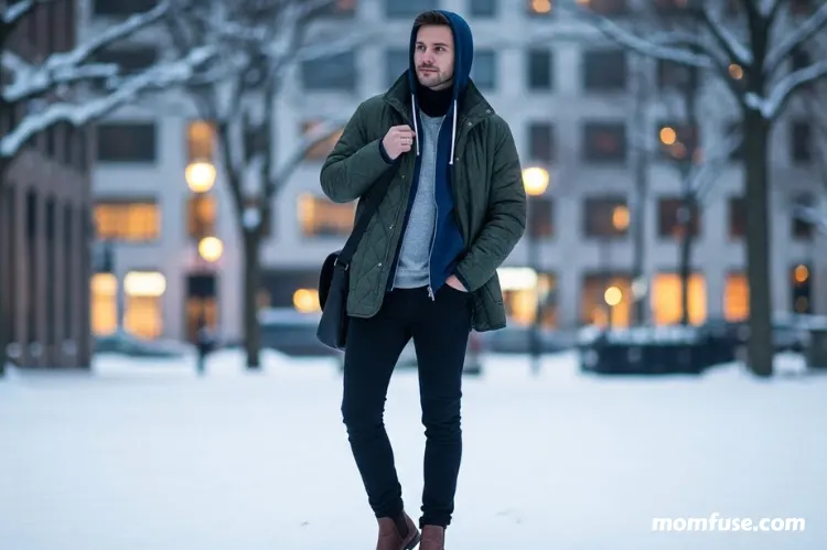 A layered winter outfit: turtleneck, long sleeve shirt, hoodie, quilted jacket, skinny jeans, Chelsea boots.