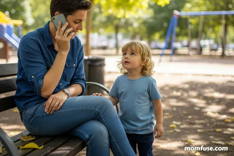 A parent using a phone responsibly while a child watches.