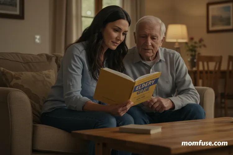 Adult daughter reading a book about elderly care while sitting beside her senior father.
