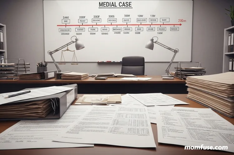 A legal office setting with timelines, files, and medical documents laid out.