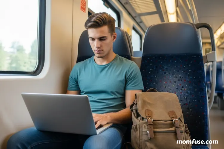 Student studying with a laptop while traveling.