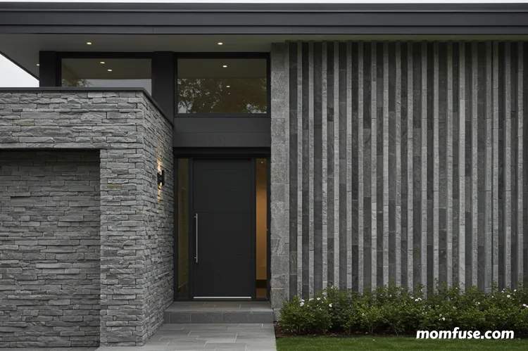 A house facade featuring sleek ledgestone veneer with long, narrow stacked stones.