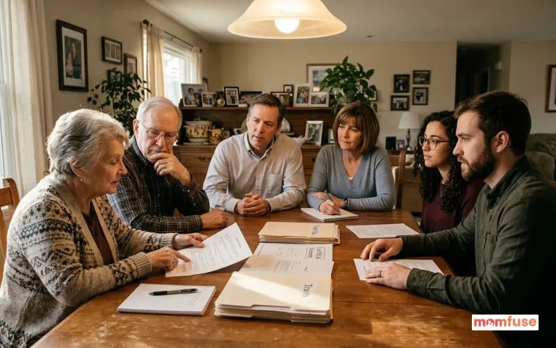 Multi-generation family discussing inheritance and legacy planning together at dining table.