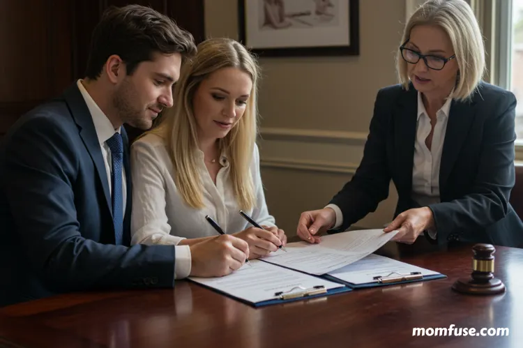 A Parenting signing a surrogacy legal contract — a lawyer’s desk with paperwork, pens.