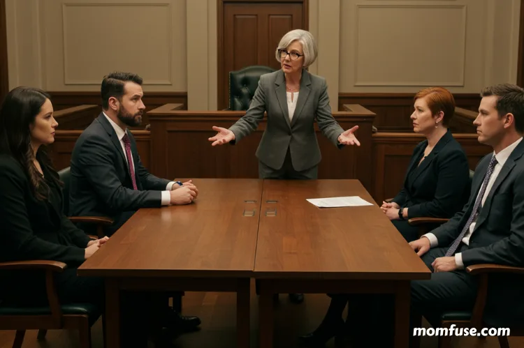 Two couples in a tense but respectful conversation with a mediator courtroom.