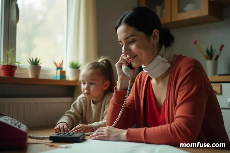 A woman in a neck brace talking on the phone child play in the background.