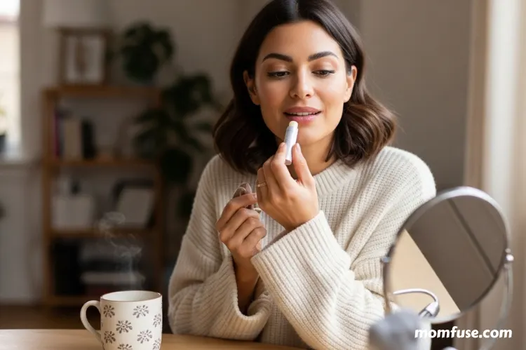 Woman applying lip balm indoors, coffee cup nearby, cozy lifestyle scene, self-care mood.