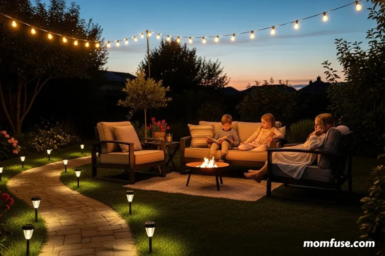 Backyard at dusk with warm string lights, solar path lights, softly lit seating area, kids winding down.