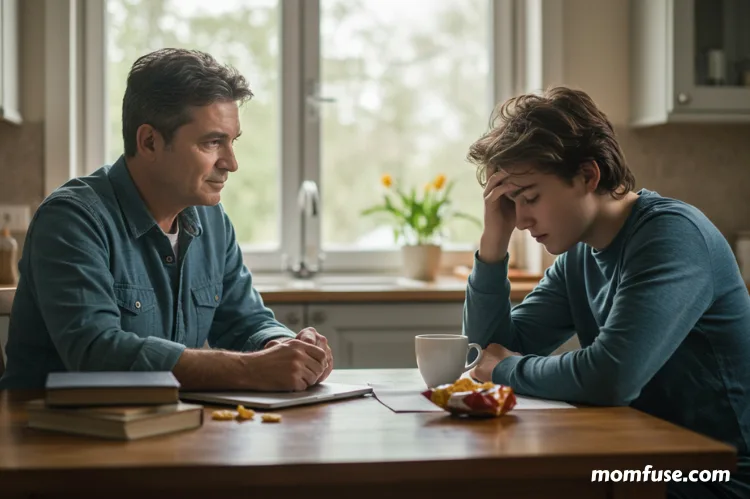 A parent sitting at a kitchen table listening attentively to their young adult child, who looks stressed.