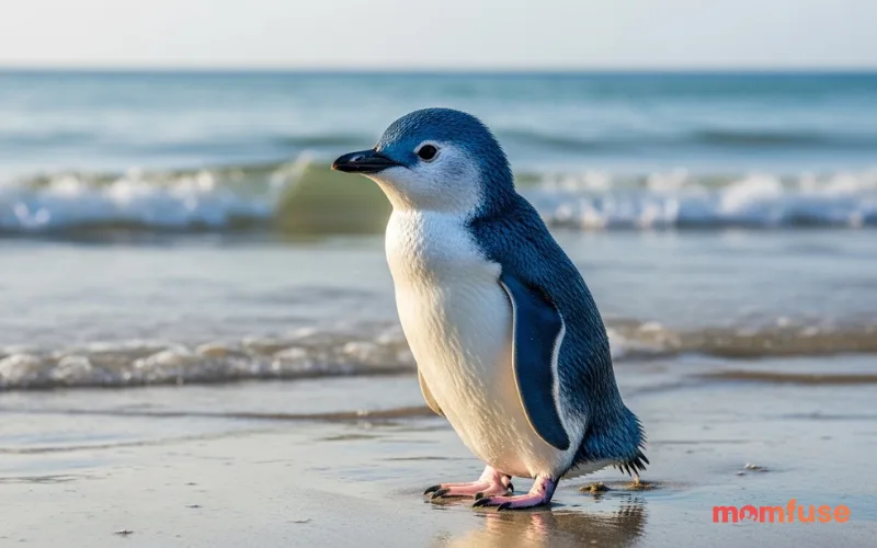 Tiny blue penguin near shoreline, soft blue feathers visible, calm ocean background, natural soft light