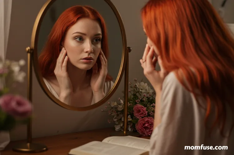 a woman looking in the mirror at her skin.