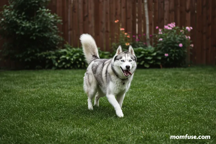 a Siberian Husky running freely in a large, fenced backyard.