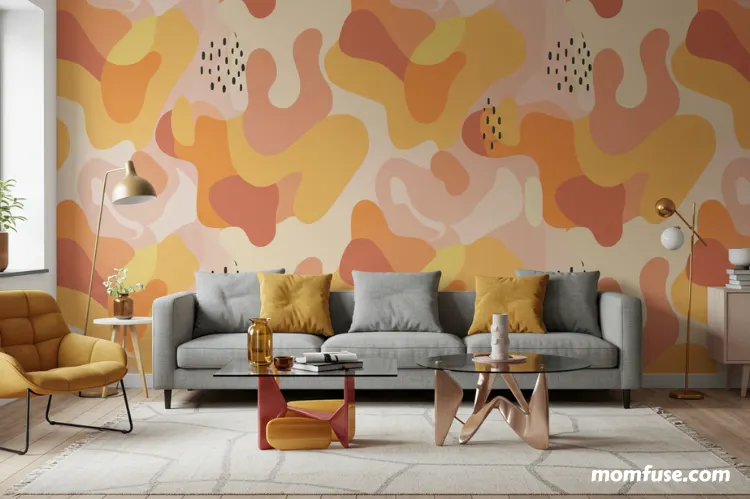 A chic living room showcasing an accent wall with bold geometric peel-and-stick wallpaper.