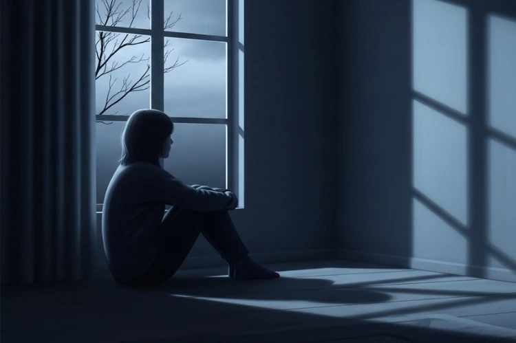 Person sitting alone by a window in dim light.