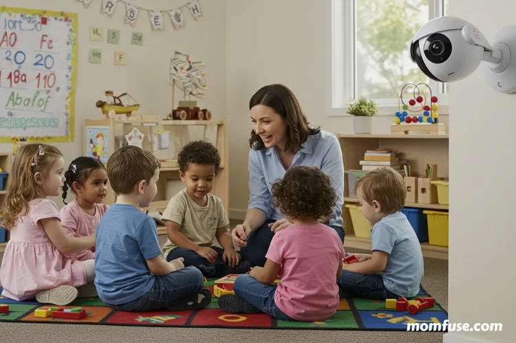 Wireless security camera mounted in a small daycare classroom, teacher interacting with kids.