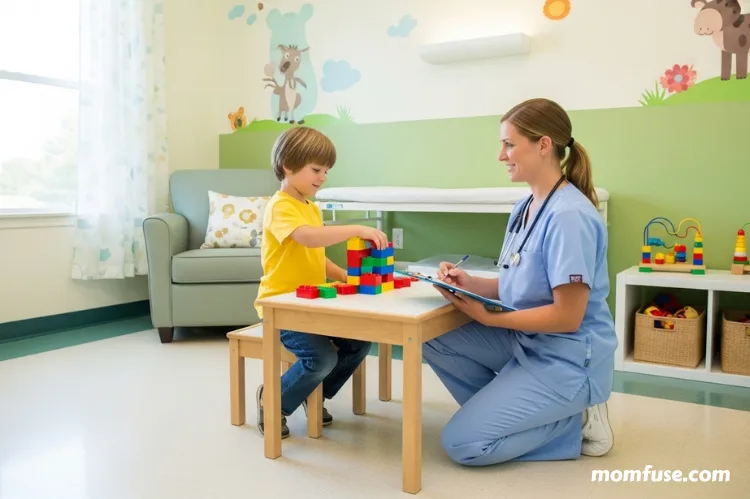 A calm pediatric examination room with a nurse observing a child’s behavior and development.