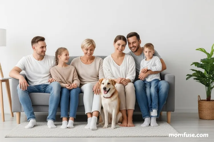 Family living comfortably with pet in clean home.