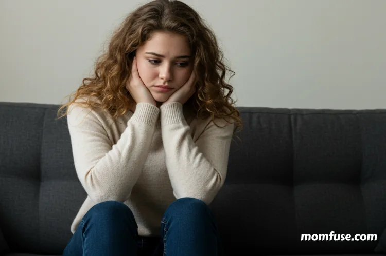 A young woman sitting alone on a couch, looking down with a worried expression.