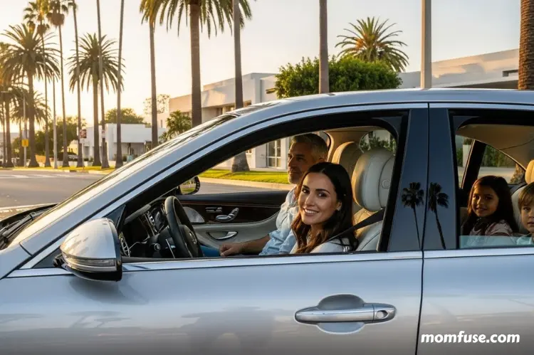 A sleek luxury car parked near the Beverly Hills palm-lined streets, showing elegant interiors and a relaxed family inside.