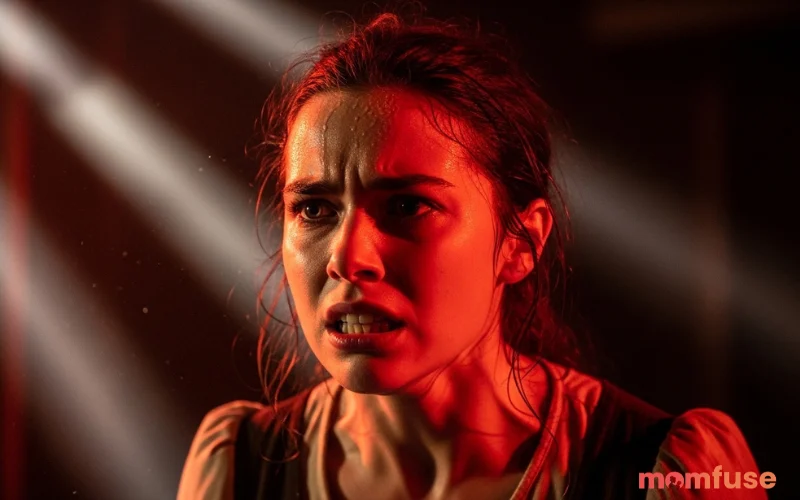 Young actress portraying intense emotional rage in dramatic stage lighting, expressive face showing powerful emotions, theatrical environment, realistic human portrait