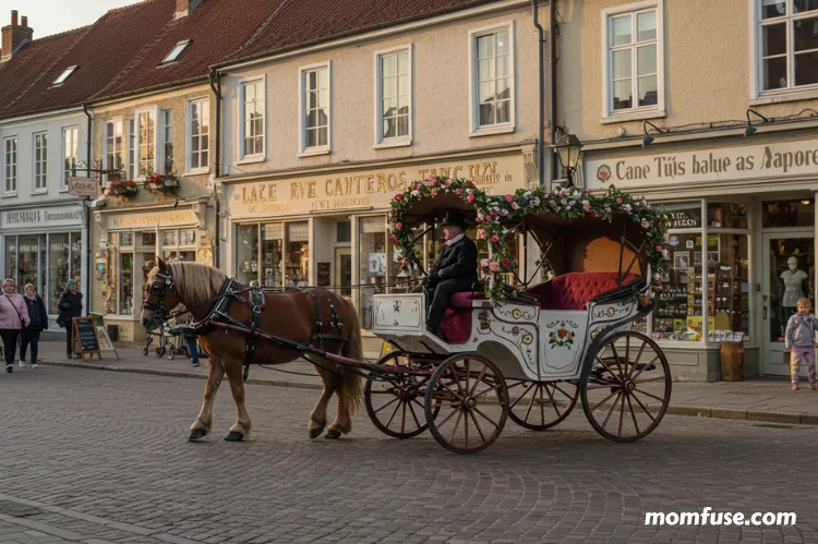 Charming horse-drawn carriage on a street lined with shops.