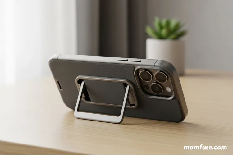 A sleek modern iPhone placed on a minimalist desk, protected by a premium magic stand case.