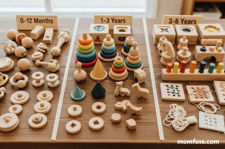 Montessori wooden toys sorted by age group.