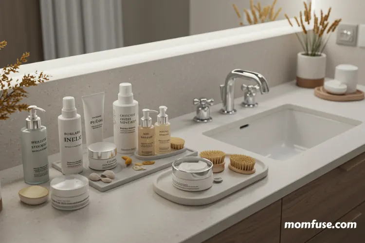 A serene bathroom vanity with neatly arranged skincare products.
