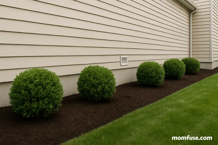 Trimmed green shrubs lined up along house.
