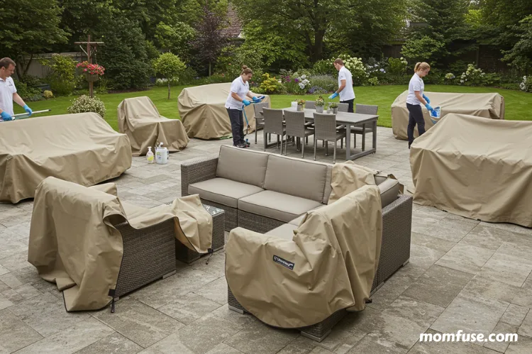 Outdoor patio furniture being cleaned and covered for protection, showing waterproof covers.