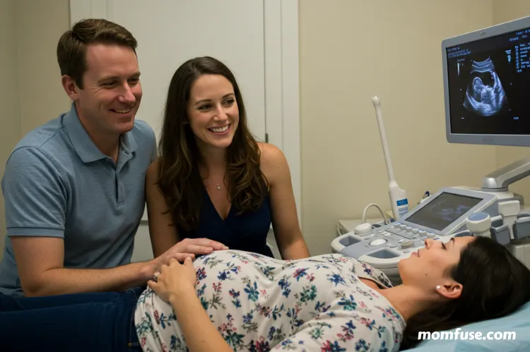 Intended parents attending a prenatal ultrasound with a surrogate — happy expressions.