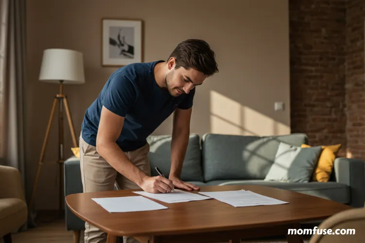 A person quickly signing home sale documents in a cozy room.