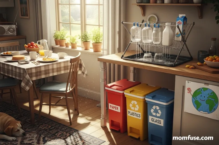 Warm rural kitchen scene with a family-friendly recycling setup: rinsed containers drying.