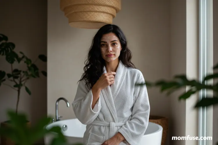 Stylish modern illustration of a mom in a spa-like setting with face mask and Self-care luxury vibe.