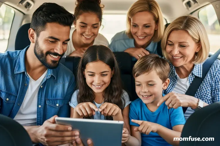 A family using travel apps on a tablet in a car.