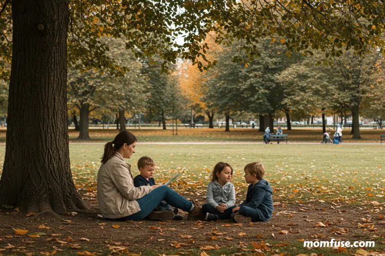 a mom and her kids sitting under a tree in a European park.