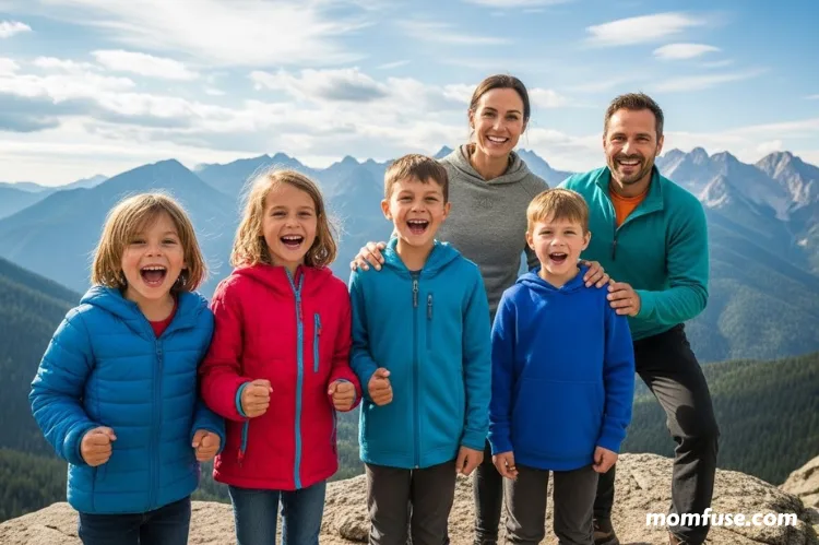 Children smiling and celebrating at a mountain viewpoint, parents encouraging them.
