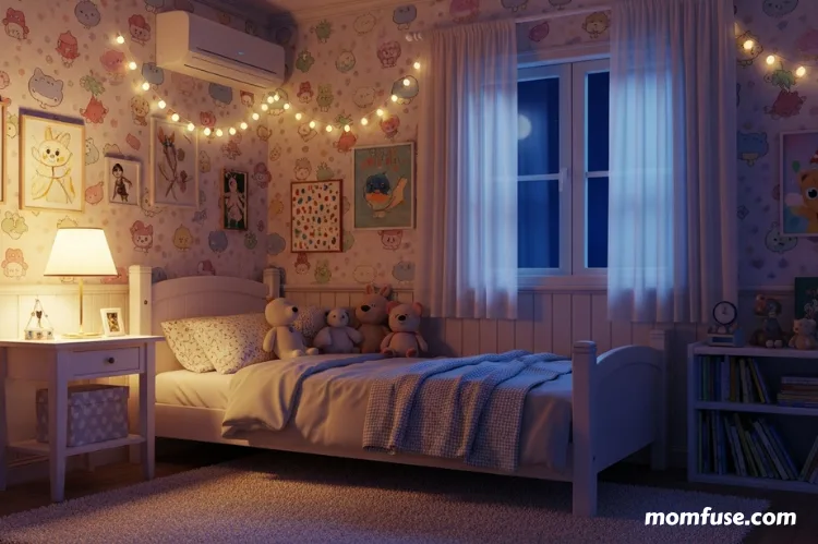 A cozy child’s bedroom at night with soft lighting.