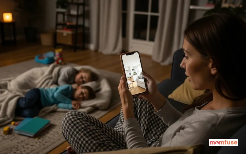 mom using phone for virtual home tour at night, kids sleeping in background.