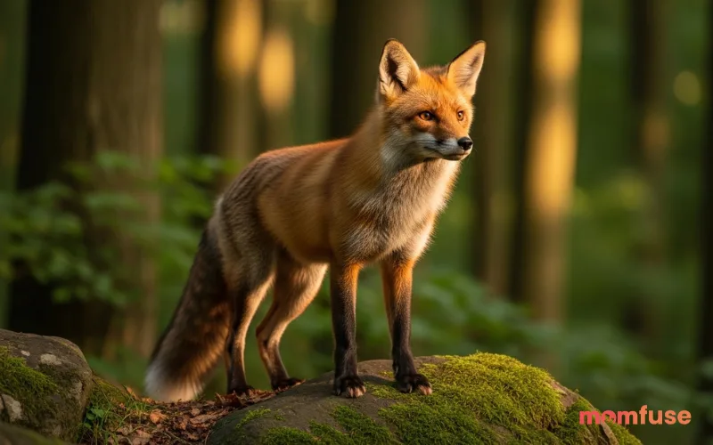“adult male red fox standing on rock, confident posture, forest background, golden hour lighting, ultra realistic”