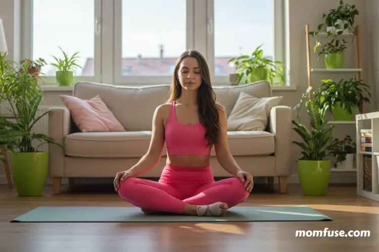 Woman sitting cross-legged on a yoga mat in a sunlit living room.