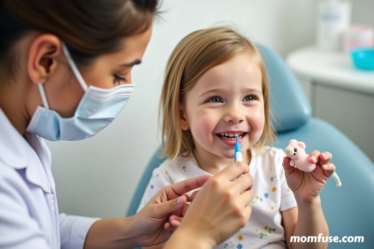A gentle pediatric dentist showing a young child a dental tool in a fun and non-threatening way
